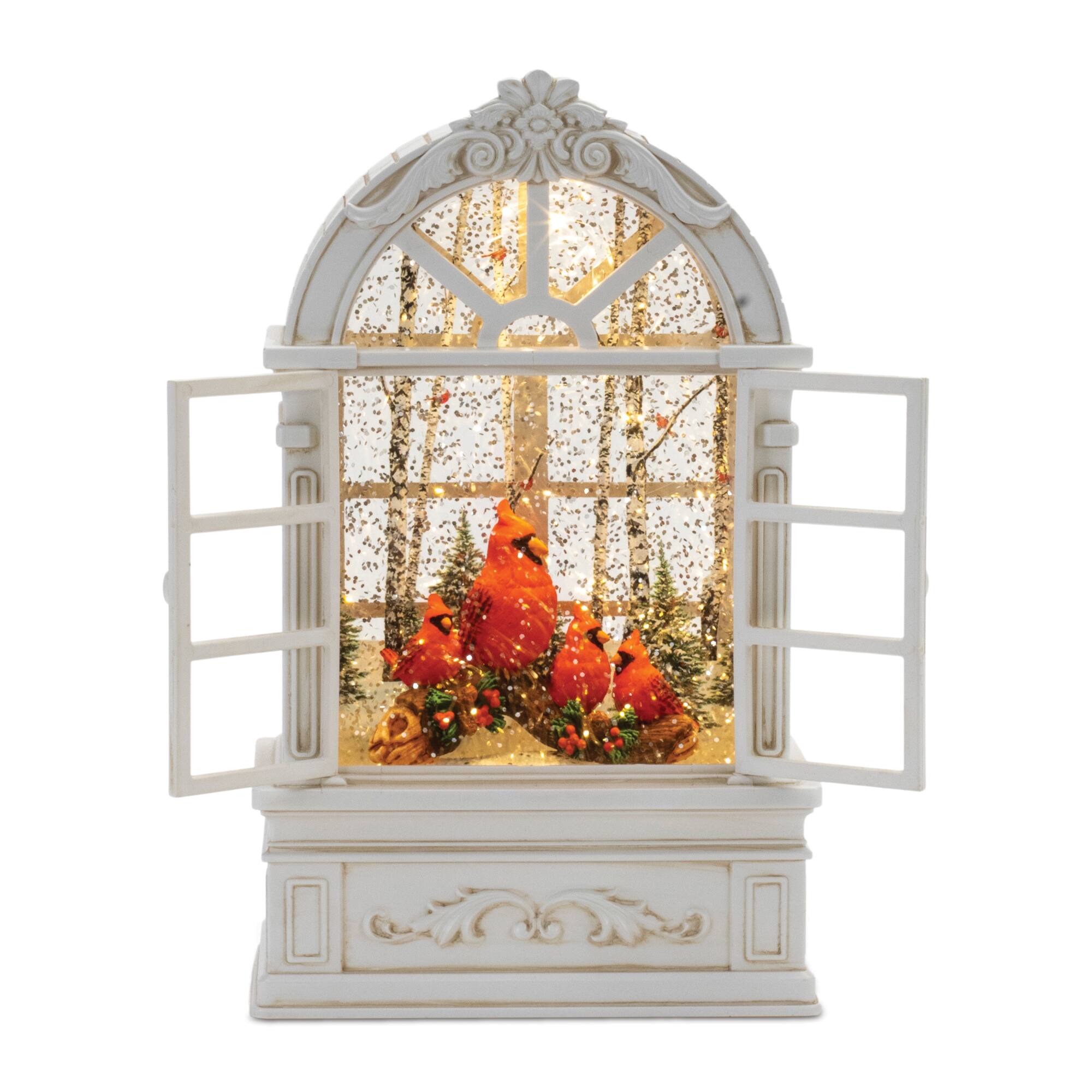 9" Cardinal Family LED Lit Snow Globe Window